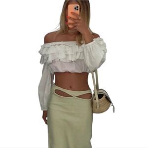 Scanlan Theodore White Ruffle Crop Top Long Balloon Sleeve Romantic Prairie 6
